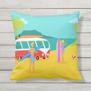 Retro Surfer Couple Outdoor Pillow