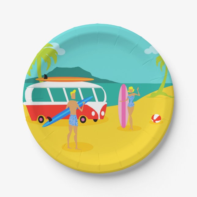 Retro Surfer Couple Paper Plate (Front)