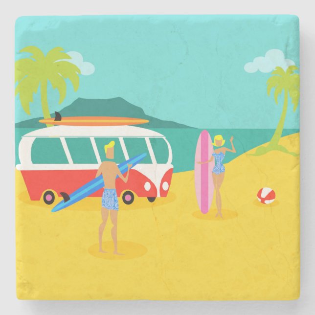 Retro Surfer Couple Stone Coaster (Front)