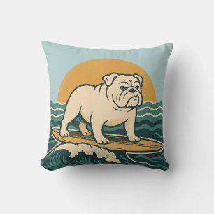 Retro Surfer Dog Art - Reversible Surfboard Print Throw Pillow