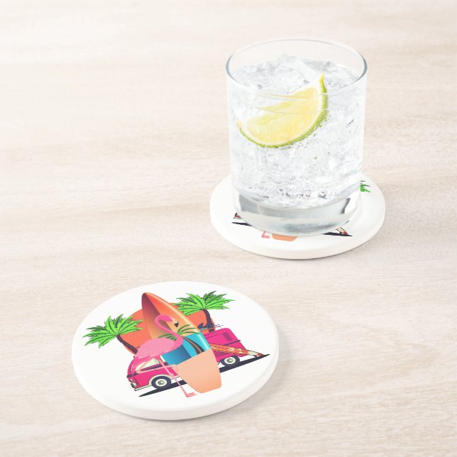 Retro Surfer Flamingo Beach Party Vibe Coaster (Side)