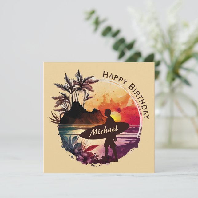 Retro Surfer Sunset Beach Birthday Card (Standing Front)