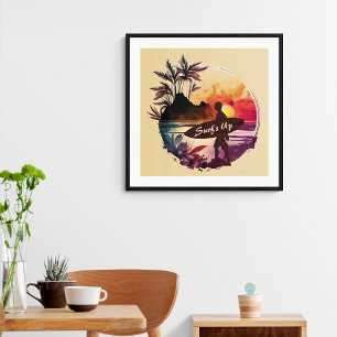 Retro Surfer Sunset Beach Poster