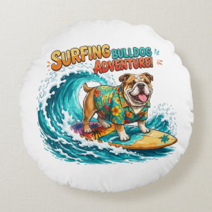 Retro Surfing Bulldog Adventure - Vintage Beach  Round Pillow