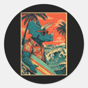 Retro Surfing Dinosaur Hawaii Summer Triceratops S Classic Round Sticker