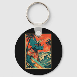 Retro Surfing Dinosaur Hawaii Summer Triceratops S Keychain