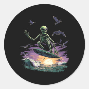 Retro Surfing Skeleton Surfer Riding Wave Sunset Classic Round Sticker