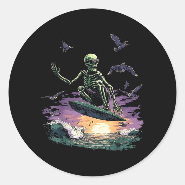 Retro Surfing Skeleton Surfer Riding Wave Sunset Classic Round Sticker (Front)