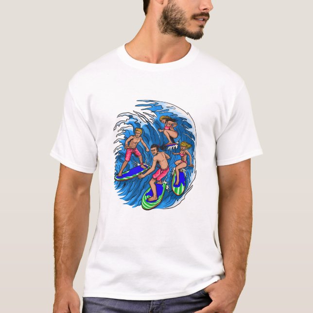 Retro Surfing Squad Ocean Wave Graphic T-Shirt (Front)