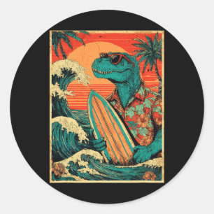 Retro Surfing Tyrannosaurus Hawaiian Summer Dinosa Classic Round Sticker