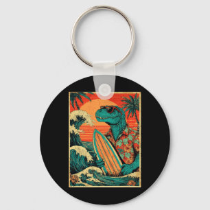 Retro Surfing Tyrannosaurus Hawaiian Summer Dinosa Keychain
