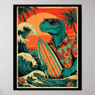 Retro Surfing Tyrannosaurus Hawaiian Summer Dinosa Poster