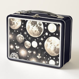 Retro Surreal Art Deco Painted Moons Metal Lunch Box
