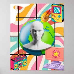 Retro Surreal Earth Bust Collage Art Poster