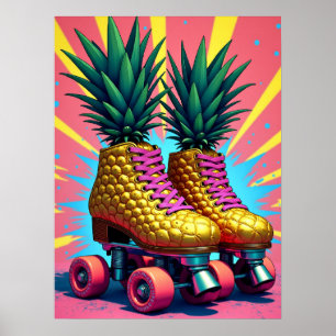 Retro Surreal Pineapple Roller Skates Pop Art Poster