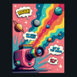 Retro Surrealism -  Pop Art Cosmic Camera Poster<br><div class="desc">This poster transports you to a world where nostalgia meets the surreal, centred on a classic retro Polaroid camera that acts as a dream machine. Instead of capturing memories, it ejects a whimsical "cosmic parade" of vibrant planets, moons, and candy-striped celestial bodies. This artwork is a masterful fusion of styles,...</div>
