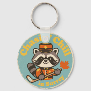 Retro Surrey BC Raccoon and Hockey Stick Keychain