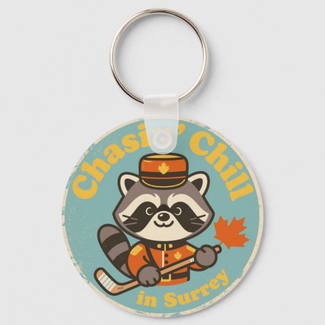Retro Surrey BC Raccoon and Hockey Stick Keychain (Front)