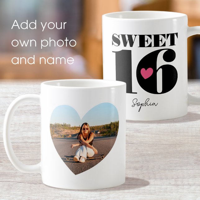Retro Sweet 16 Birthday Teen Name Photo Heart Coffee Mug (Creator Uploaded)