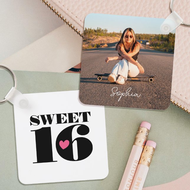 Retro Sweet 16 Birthday Teen Name Photo White Keychain (Creator Uploaded)