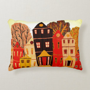 Retro Sweet Home Poster: Cartoon Houses Accent Pillow