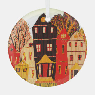 Retro Sweet Home Poster: Cartoon Houses Glass Ornament