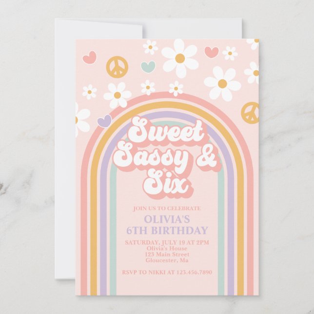 Retro Sweet Sassy Six Rainbow 6th Birthday Invitation (Front)