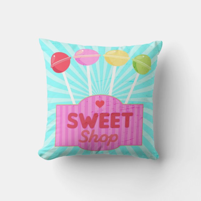 Retro Sweet Shop Pastel Candy Lollipops on Stripes Throw Pillow (Front)