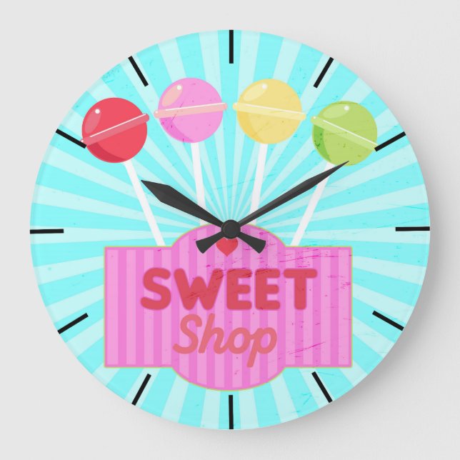 Retro Sweet Shop Pastel Colored Candy Lollipops Large Clock (Front)