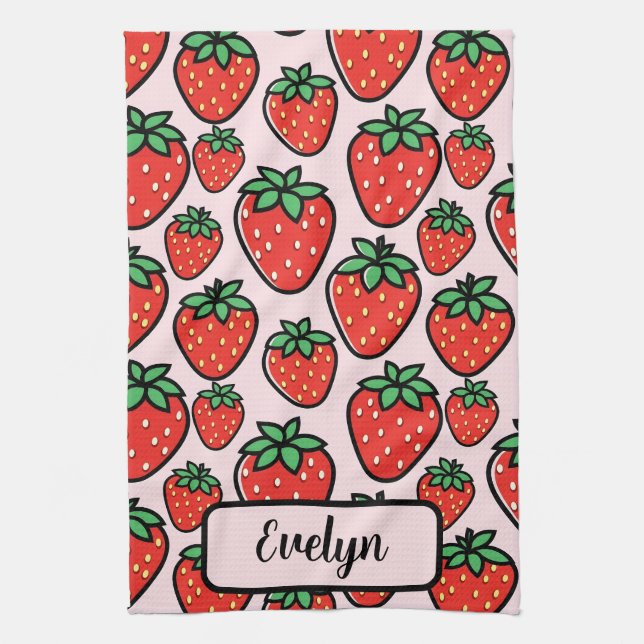 Retro Sweet Strawberry Cartoon Personalized Kitchen Towel (Vertical)