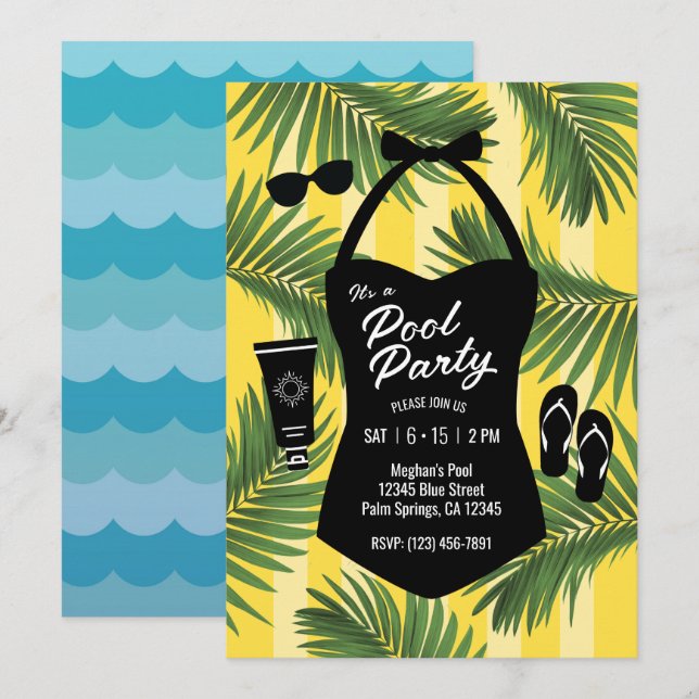 Retro Swimsuit Pool Party Invitation (yellow) (Front/Back)