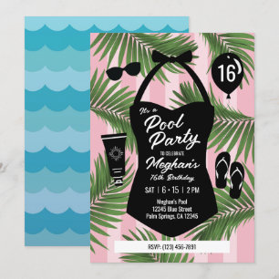 Retro Swimsuit Sweet 16 Pool Party Invite (Pink)