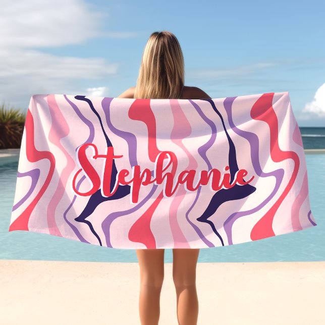 Retro Swirl Abstract Wave Pink Purple Custom Name Beach Towel (Creator Uploaded)