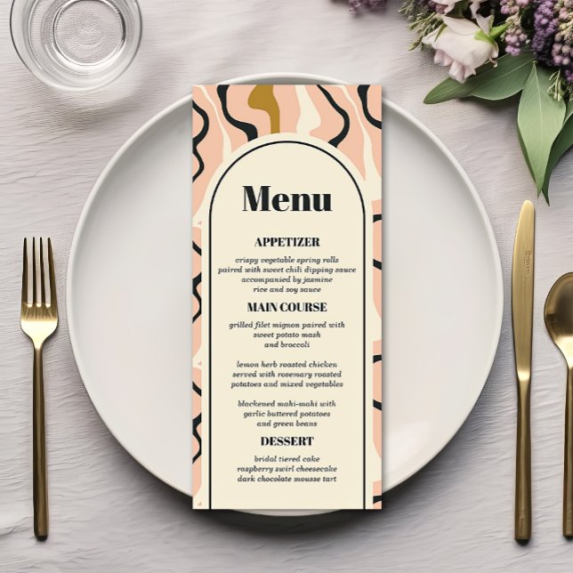 Retro Swirl Arch Pink Black Gold Cream Wedding Menu (Creator Uploaded)