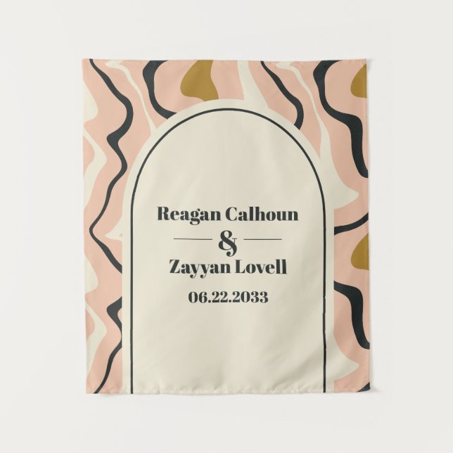 Retro Swirl Arch Pink Black Gold Wedding Backdrop Tapestry (Front)