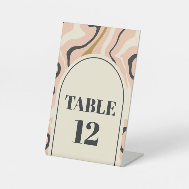 Retro Swirl Arch Pink Black Wedding Table Number Pedestal Sign (Front)