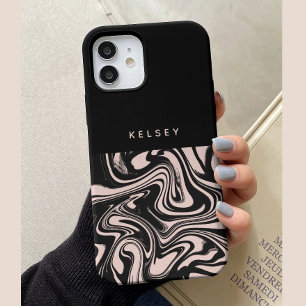 Retro Swirls Black & Cream Personalized iPhone 15 Case
