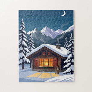 Retro Swiss Alps Ski Chalet Winter Wonderland Jigs Jigsaw Puzzle
