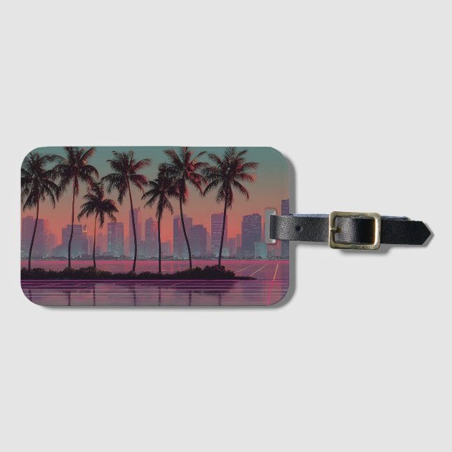 Retro Synthwave Cityscape Sunset Luggage Tag (Front Horizontal)