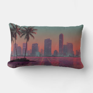 Retro Synthwave Cityscape Sunset Lumbar Pillow