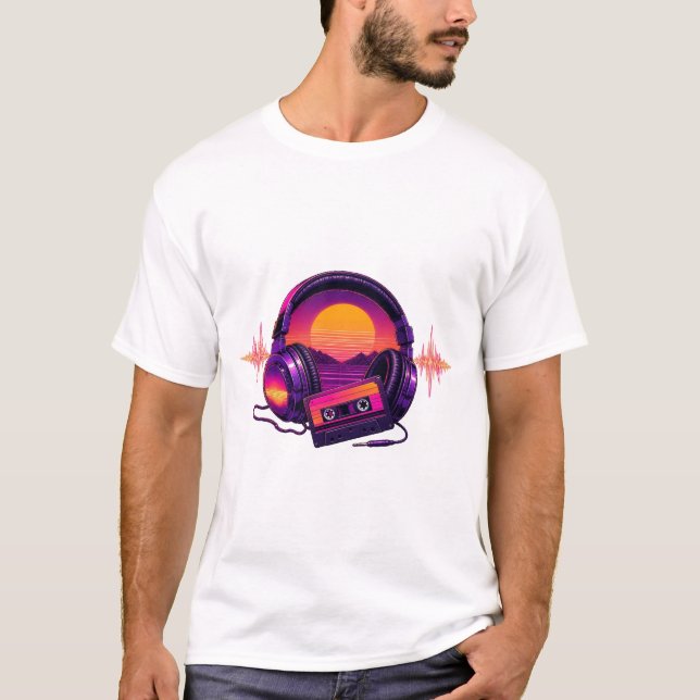 Retro Synthwave Headphones at Sunset T-Shirt (Front)