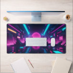 Retro Synthwave Neon Pink Sun Cyberpunk Gamer Desk Mat<br><div class="desc">Upgrade your gaming battle station or workspace with the ultimate retro-futuristic aesthetic. This premium large desk mat features a breathtaking synthwave landscape, showcasing a massive, glowing pink sun setting behind a distant, high-tech cyberpunk city. The scene is completed with a dark, reflective digital ground and striking neon cyan light streaks...</div>
