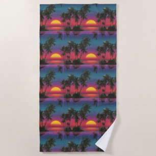 Retro Synthwave Palm Tree Sunset Pattern Beach Towel