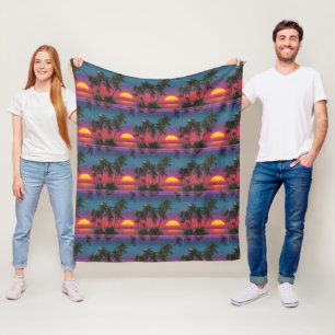 Retro Synthwave Palm Tree Sunset Pattern Fleece Blanket