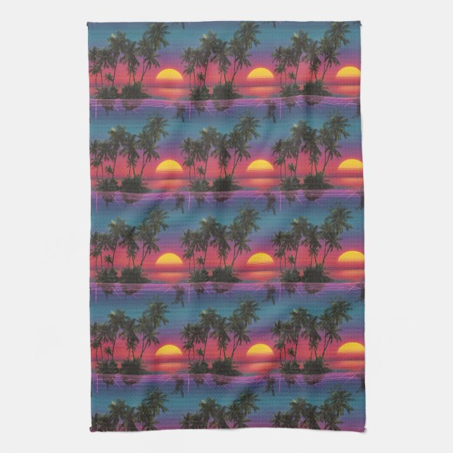 Retro Synthwave Palm Tree Sunset Pattern Kitchen Towel (Vertical)