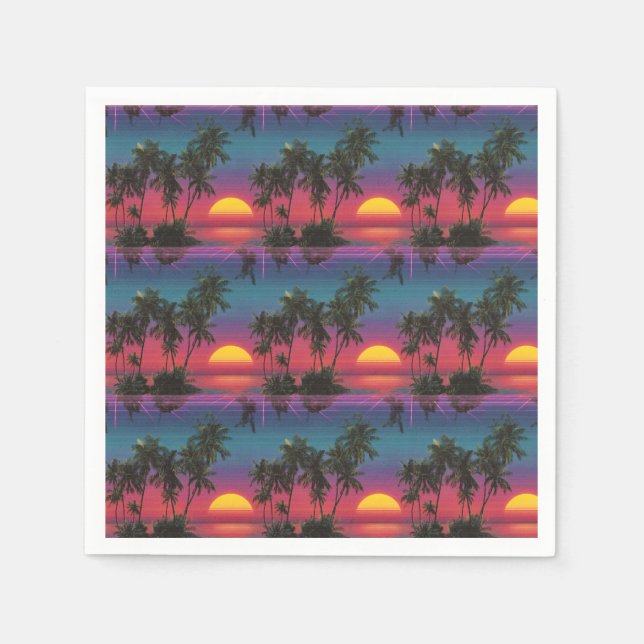 Retro Synthwave Palm Tree Sunset Pattern Napkin (Front)
