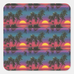 Retro Synthwave Palm Tree Sunset Pattern Square Sticker