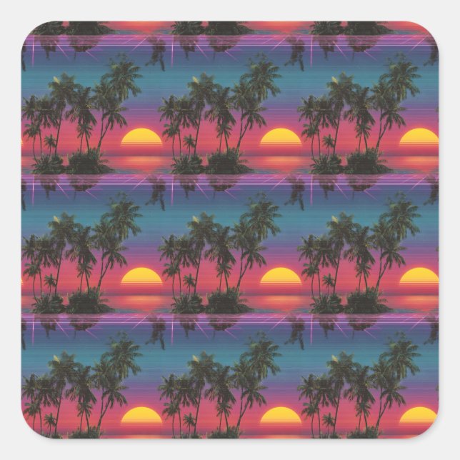 Retro Synthwave Palm Tree Sunset Pattern Square Sticker (Front)