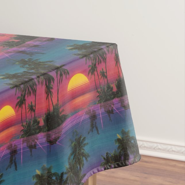 Retro Synthwave Palm Tree Sunset Pattern Tablecloth (In Situ)