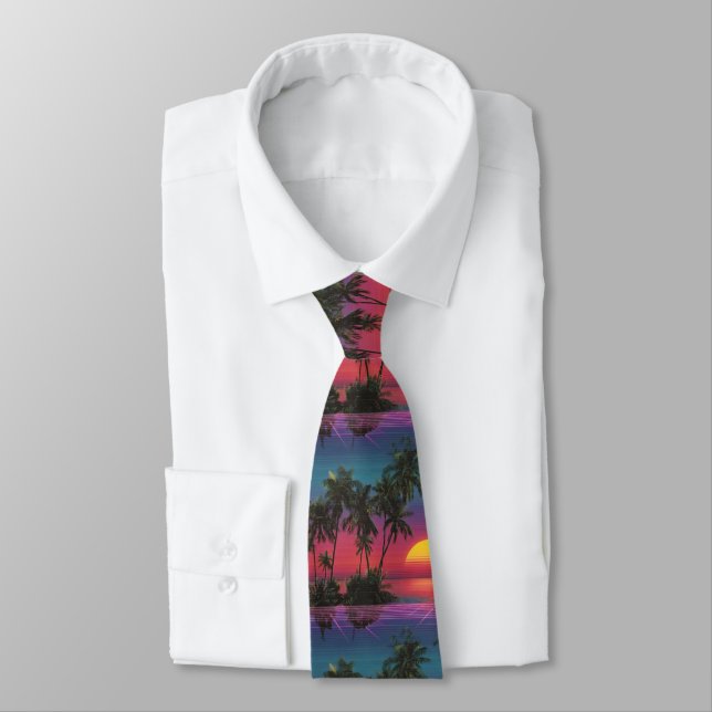 Retro Synthwave Palm Tree Sunset Pattern Tie (Tied)